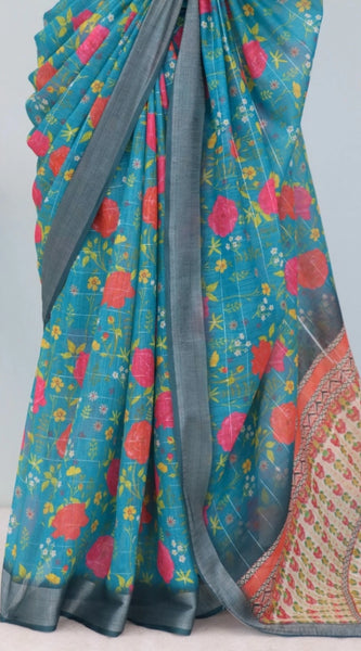 Mayawye Women's Linen Digital Print Saree With Unstitched Blouse 5.5Mtr (Green)
