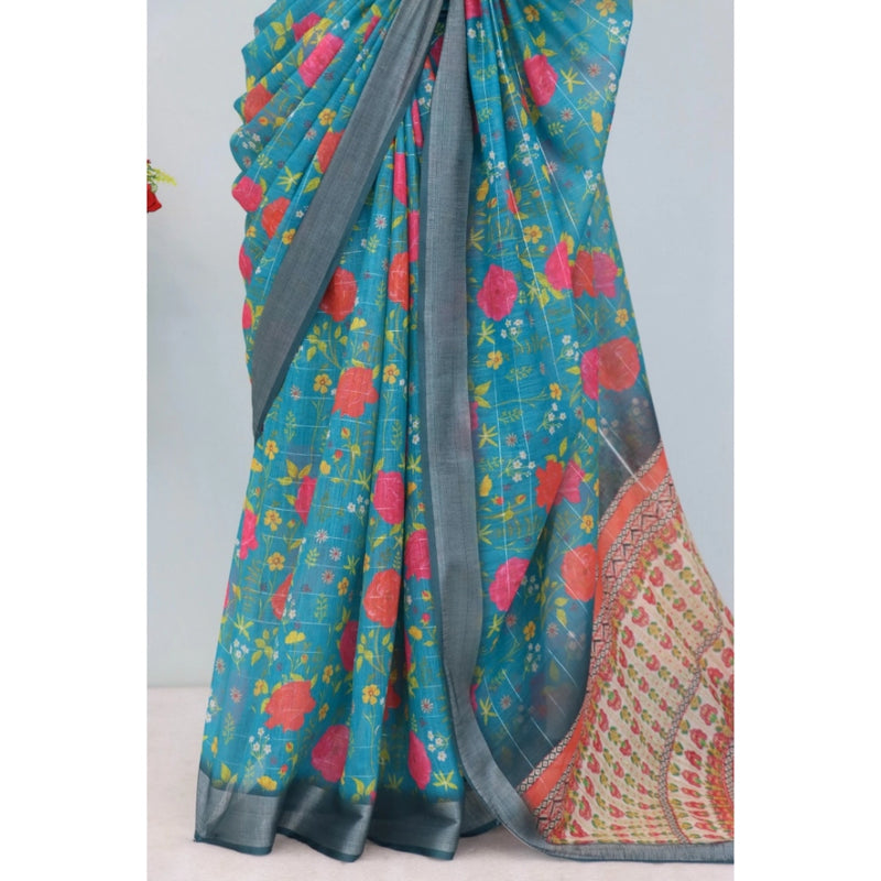 Mayawye Women's Linen Digital Print Saree With Unstitched Blouse 5.5Mtr (Green)