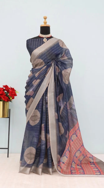 Mayawye Women's Linen Digital Print Saree With Unstitched Blouse 5.5Mtr (Blue)