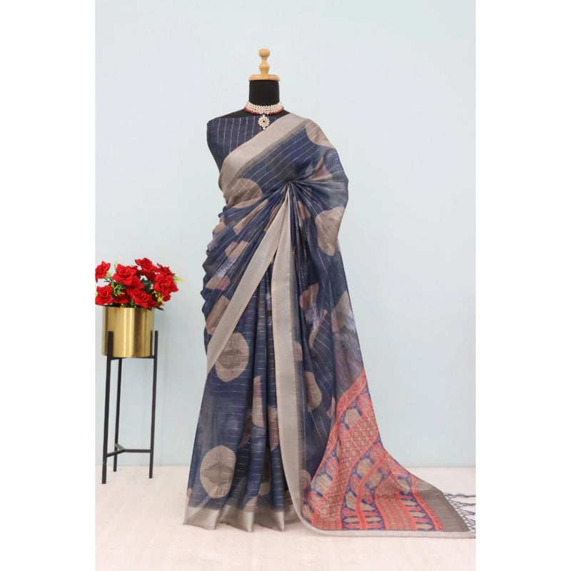 Mayawye Women's Linen Digital Print Saree With Unstitched Blouse 5.5Mtr (Blue)