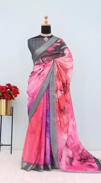 Mayawye Women's Linen Digital Print Saree With Unstitched Blouse 5.5Mtr (Pink)