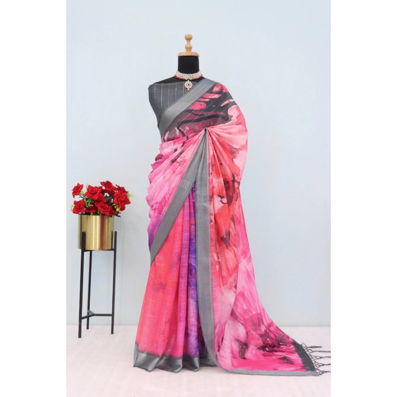 Mayawye Women's Linen Digital Print Saree With Unstitched Blouse 5.5Mtr (Pink)