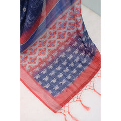 Mayawye Women's Linen Digital Print Saree With Unstitched Blouse 5.5Mtr (Blue)