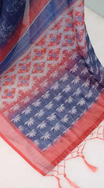 Mayawye Women's Linen Digital Print Saree With Unstitched Blouse 5.5Mtr (Blue)