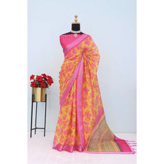 Mayawye Women's Linen Digital Print Saree With Unstitched Blouse 5.5Mtr (Yellow)