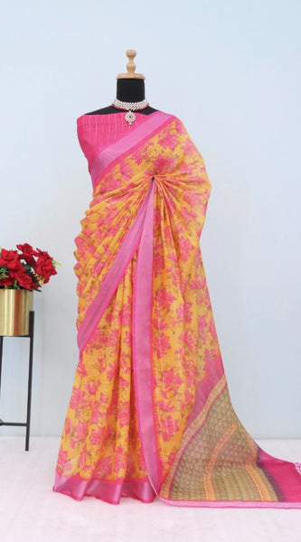 Mayawye Women's Linen Digital Print Saree With Unstitched Blouse 5.5Mtr (Yellow)