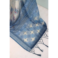 Mayawye Women's Linen Digital Print Saree With Unstitched Blouse 5.5Mtr (Blue)