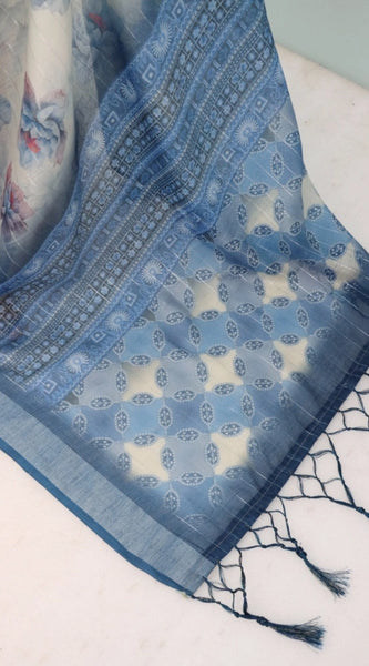 Mayawye Women's Linen Digital Print Saree With Unstitched Blouse 5.5Mtr (Blue)