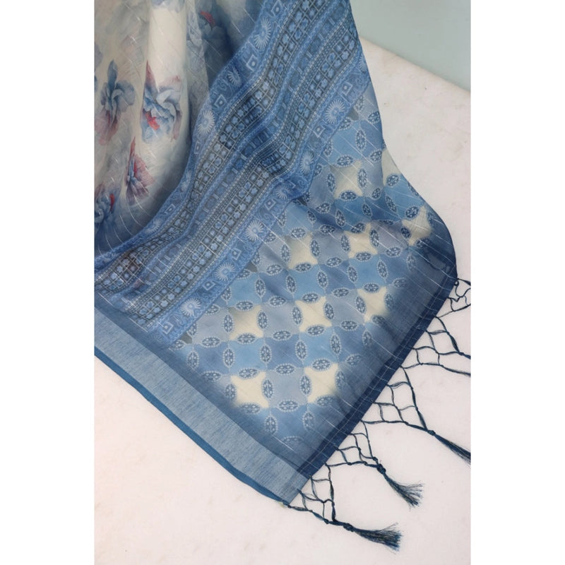 Mayawye Women's Linen Digital Print Saree With Unstitched Blouse 5.5Mtr (Blue)