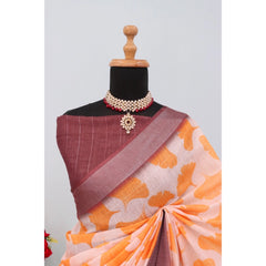 Mayawye Women's Linen Digital Print Saree With Unstitched Blouse 5.5Mtr (Orange)