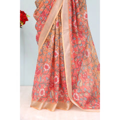 Mayawye Women's Linen Digital Print Saree With Unstitched Blouse 5.5Mtr (Orange)