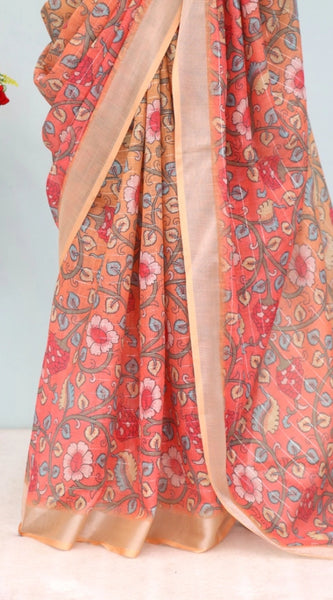 Mayawye Women's Linen Digital Print Saree With Unstitched Blouse 5.5Mtr (Orange)