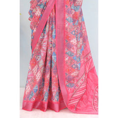 Mayawye Women's Linen Digital Print Saree With Unstitched Blouse 5.5Mtr (Pink)