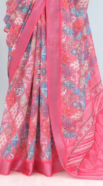Mayawye Women's Linen Digital Print Saree With Unstitched Blouse 5.5Mtr (Pink)