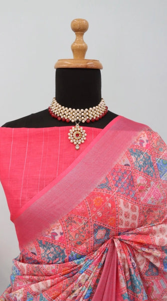 Mayawye Women's Linen Digital Print Saree With Unstitched Blouse 5.5Mtr (Pink)