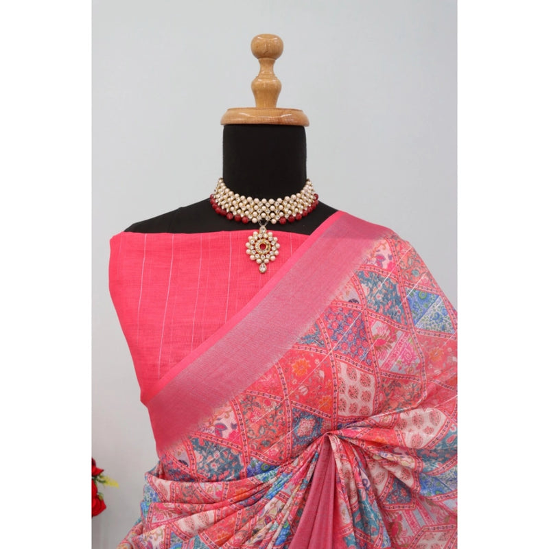 Mayawye Women's Linen Digital Print Saree With Unstitched Blouse 5.5Mtr (Pink)