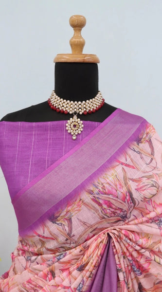 Mayawye Women's Linen Digital Print Saree With Unstitched Blouse 5.5Mtr (Purple)