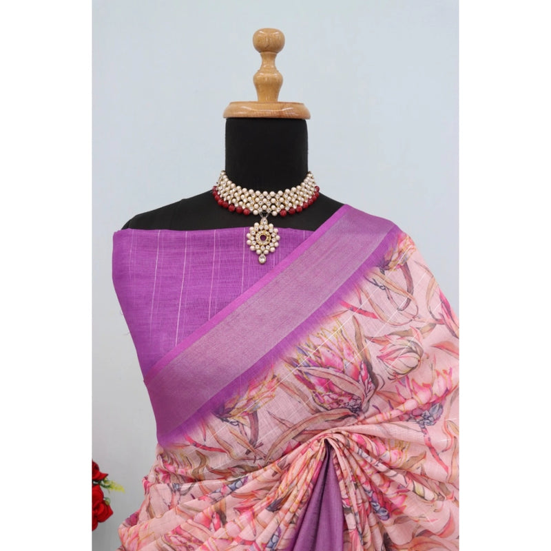 Mayawye Women's Linen Digital Print Saree With Unstitched Blouse 5.5Mtr (Purple)