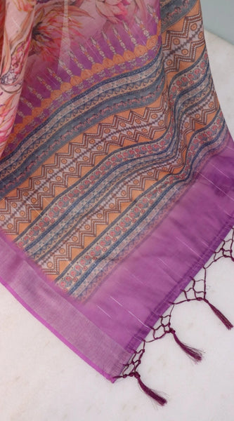 Mayawye Women's Linen Digital Print Saree With Unstitched Blouse 5.5Mtr (Purple)