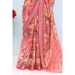 Mayawye Women's Linen Digital Print Saree With Unstitched Blouse 5.5Mtr (Pink)