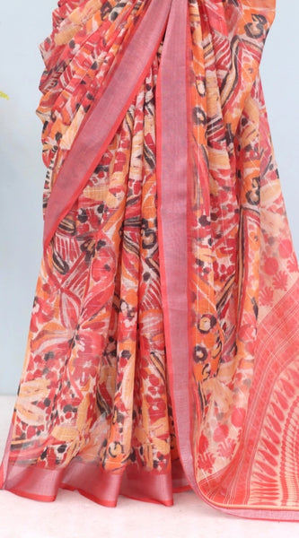 Mayawye Women's Linen Digital Print Saree With Unstitched Blouse 5.5Mtr (Pink)