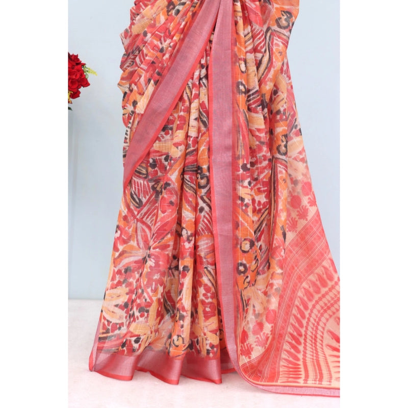 Mayawye Women's Linen Digital Print Saree With Unstitched Blouse 5.5Mtr (Pink)
