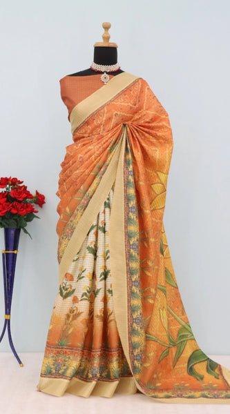 Mayawye Women's Mysore Silk  Digital Print Saree With Unstitched Blouse 5.5Mtr (Mustard)