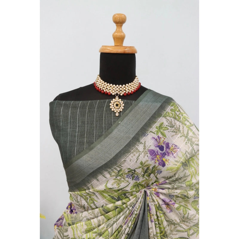 Mayawye Women's Linen Digital Print Saree With Unstitched Blouse 5.5Mtr (Green)