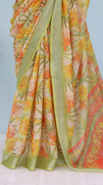 Mayawye Women's Linen Digital Print Saree With Unstitched Blouse 5.5Mtr (Multicolor)