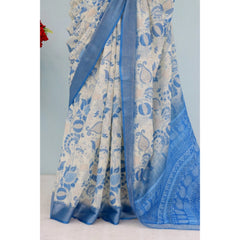 Mayawye Women's Linen Digital Print Saree With Unstitched Blouse 5.5Mtr (Blue)