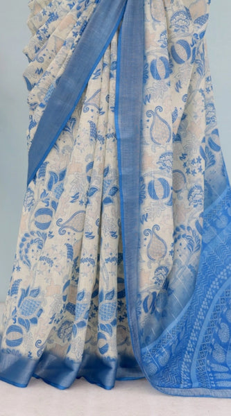 Mayawye Women's Linen Digital Print Saree With Unstitched Blouse 5.5Mtr (Blue)