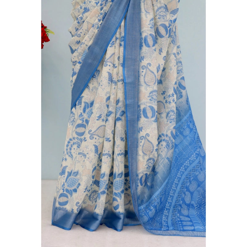 Mayawye Women's Linen Digital Print Saree With Unstitched Blouse 5.5Mtr (Blue)