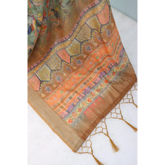 Mayawye Women's Linen Digital Print Saree With Unstitched Blouse 5.5Mtr (Beige)