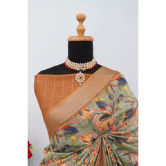 Mayawye Women's Linen Digital Print Saree With Unstitched Blouse 5.5Mtr (Beige)