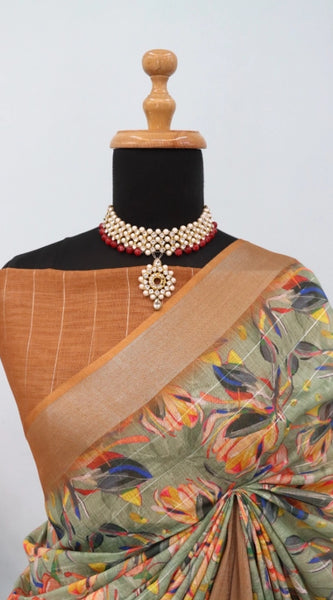 Mayawye Women's Linen Digital Print Saree With Unstitched Blouse 5.5Mtr (Beige)