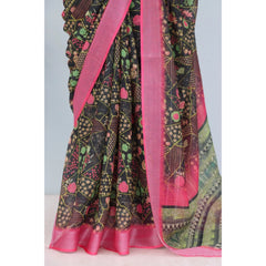 Mayawye Women's Linen Digital Print Saree With Unstitched Blouse 5.5Mtr (Multicolor)