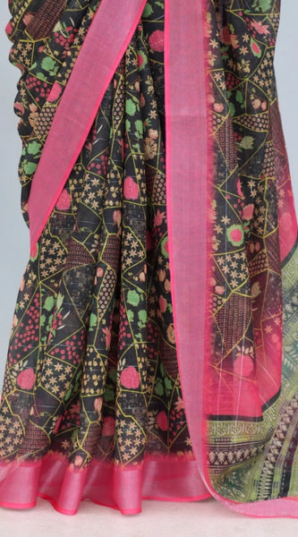 Mayawye Women's Linen Digital Print Saree With Unstitched Blouse 5.5Mtr (Multicolor)