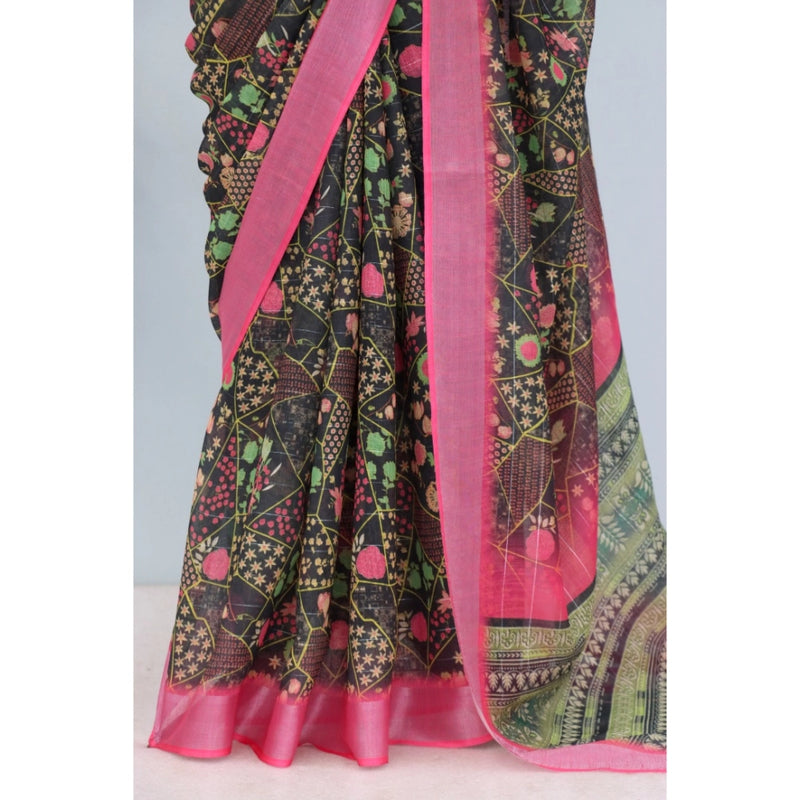 Mayawye Women's Linen Digital Print Saree With Unstitched Blouse 5.5Mtr (Multicolor)