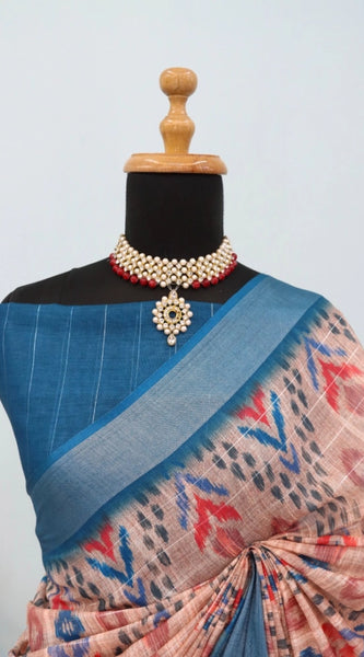 Mayawye Women's Linen Digital Print Saree With Unstitched Blouse 5.5Mtr (Multicolor)