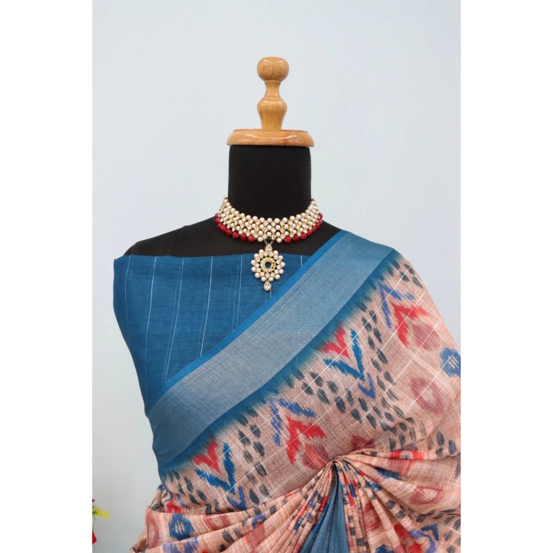 Mayawye Women's Linen Digital Print Saree With Unstitched Blouse 5.5Mtr (Multicolor)