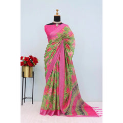 Mayawye Women's Linen Digital Print Saree With Unstitched Blouse 5.5Mtr (Green)