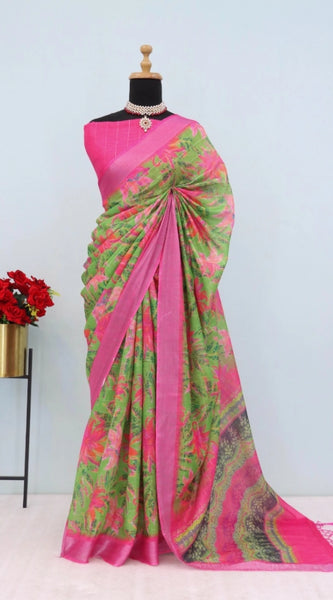 Mayawye Women's Linen Digital Print Saree With Unstitched Blouse 5.5Mtr (Green)