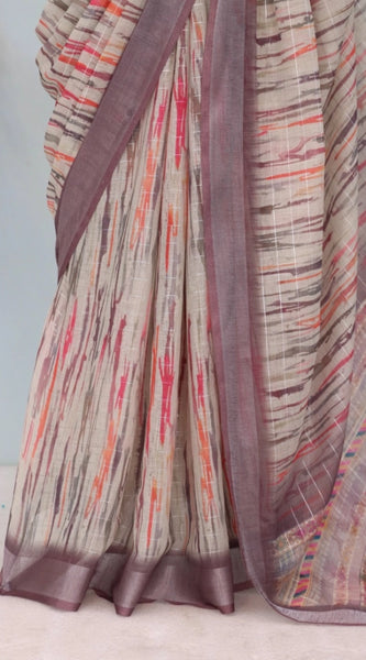 Mayawye Women's Linen Digital Print Saree With Unstitched Blouse 5.5Mtr (Grey)