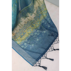 Mayawye Women's Linen Digital Print Saree With Unstitched Blouse 5.5Mtr (Sky Blue)