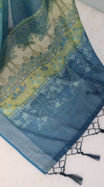 Mayawye Women's Linen Digital Print Saree With Unstitched Blouse 5.5Mtr (Sky Blue)