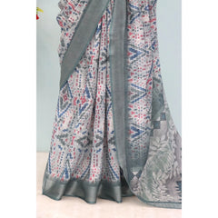 Mayawye Women's Linen Digital Print Saree With Unstitched Blouse 5.5Mtr (Grey)