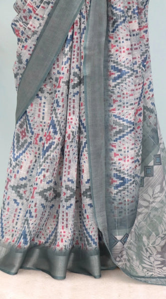 Mayawye Women's Linen Digital Print Saree With Unstitched Blouse 5.5Mtr (Grey)