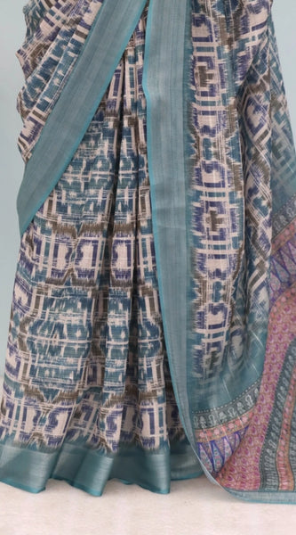 Mayawye Women's Linen Digital Print Saree With Unstitched Blouse 5.5Mtr (Green)
