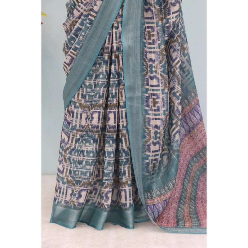 Mayawye Women's Linen Digital Print Saree With Unstitched Blouse 5.5Mtr (Green)