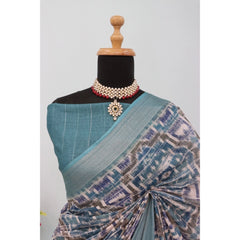 Mayawye Women's Linen Digital Print Saree With Unstitched Blouse 5.5Mtr (Green)